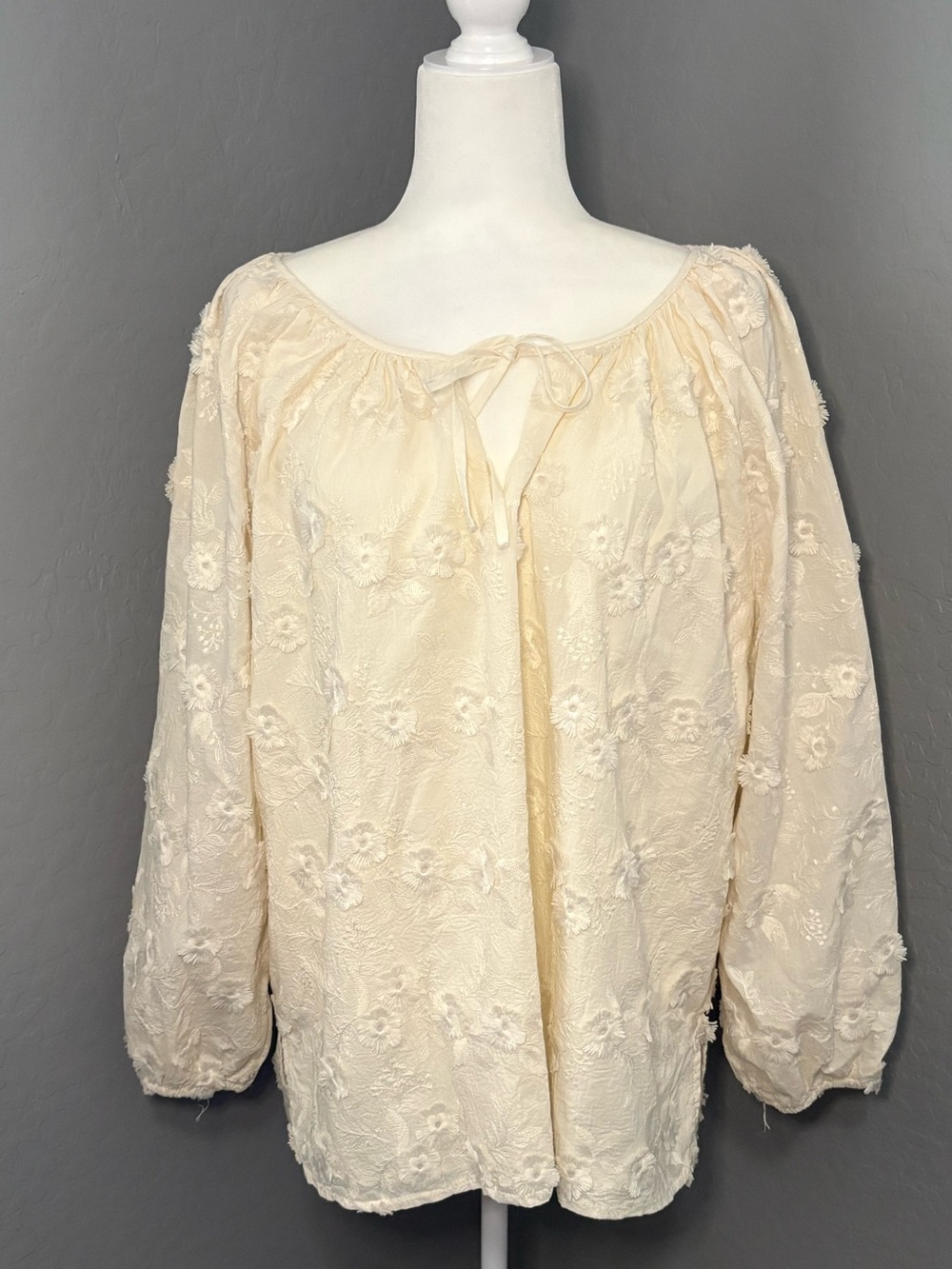 Liv Los Angeles Boho Cream Embroidered Peasant Tunic with Tie Neck